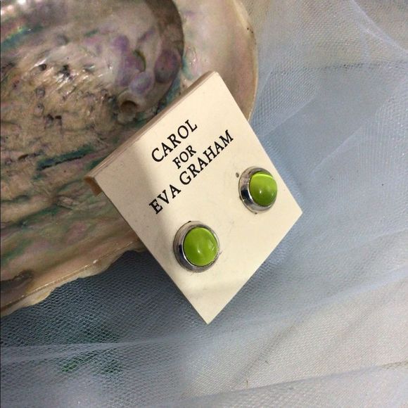 Vintage Carol For Eva Graham Stud Pierced Earrings Silver & Green Round - Picture 5 of 13